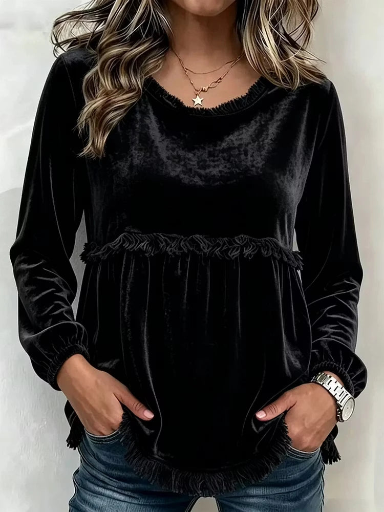 Vintage Women Velvet Casual Top O Neck Tassel Trim Long Sleeve Loose Blouse Bohemian Autumn Daily Wear Shirts for Female
