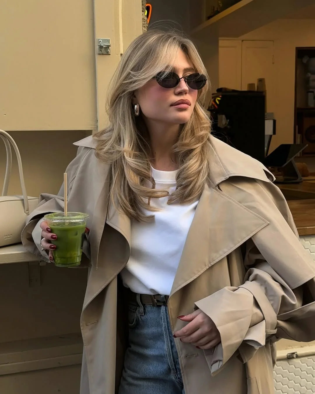 Trench long femme à simple boutonnage, coupe ample et taille haute