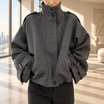 Manteau en laine femme, coupe ample, fermeture zippée et poches