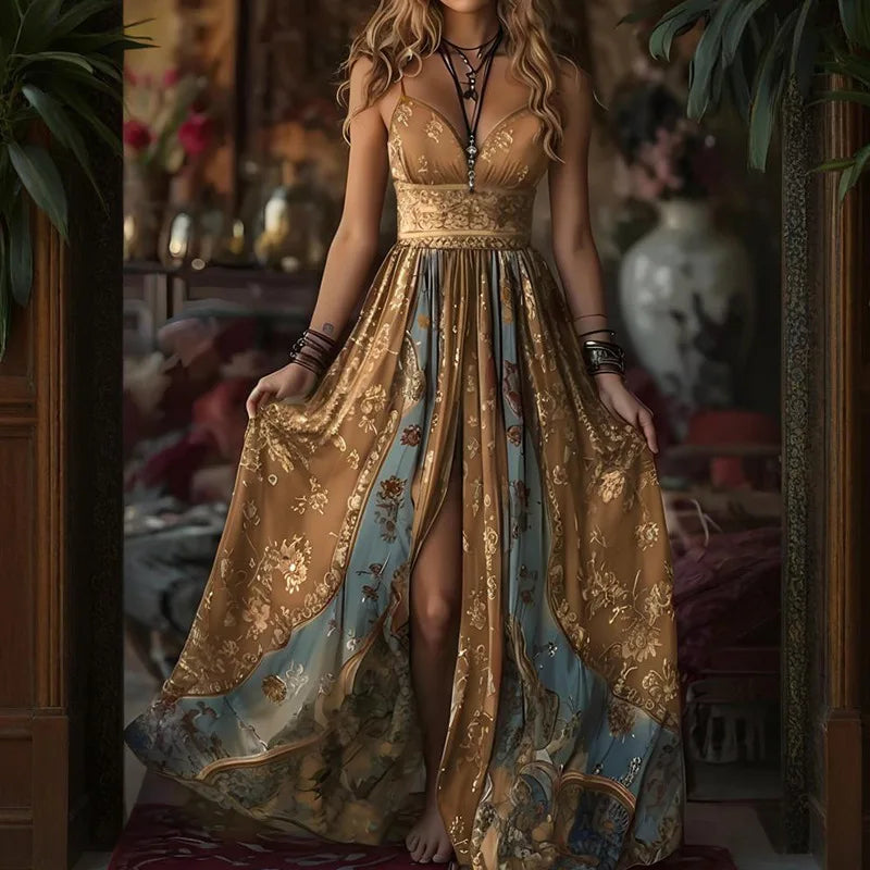 Robe maxi florale dorée, motifs bleus, buste doré, fente