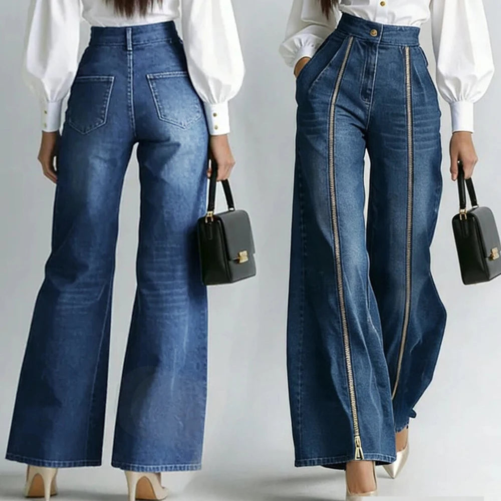 Jean taille haute bleu à zips dorés