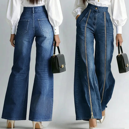 Jean taille haute bleu à zips dorés