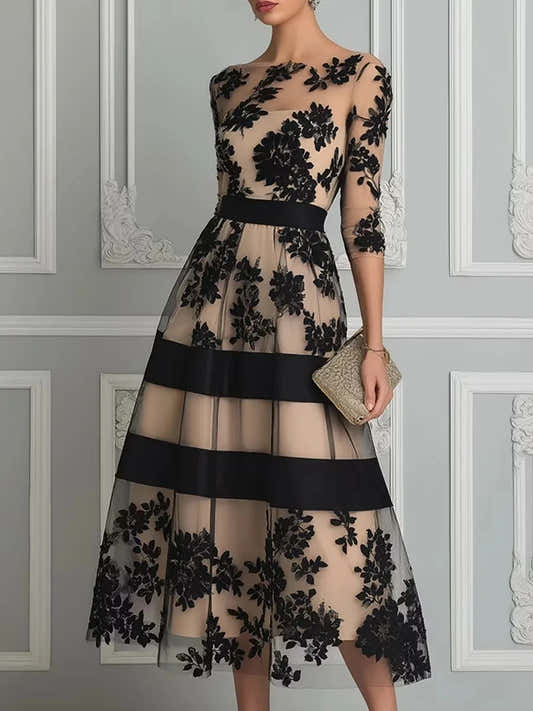 Robe de soirée élégante pour femmes, longueur midi, col rond, manches 3/4, noire, à motifs floraux floqués, en tulle et maille, coupe A-line, pour cocktails, soirées formelles et bals de promo.