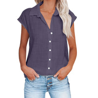 Chemisier femme bleu foncé en coton lin, col chemise, manches courtes, patte boutonnée.