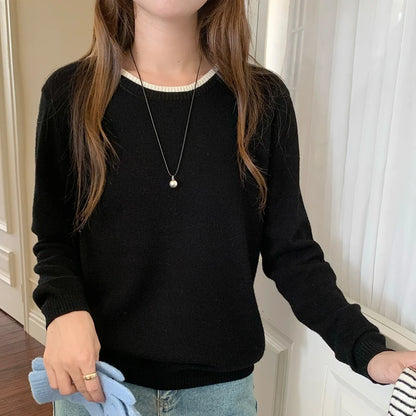 Pull en laine femme col rond, motif patchwork bicolore