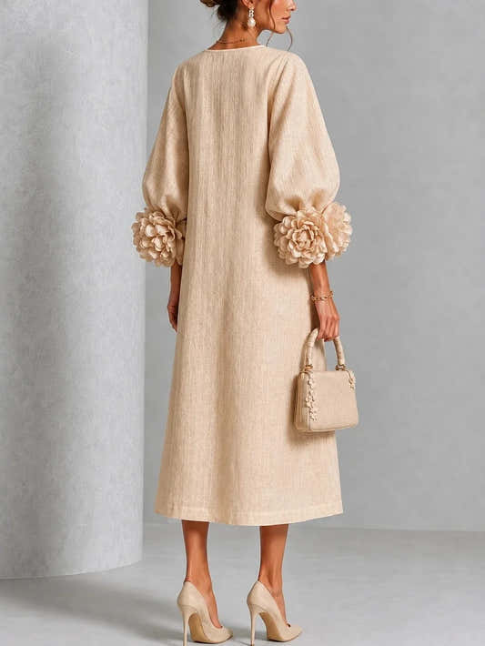 Robe midi élégante en lin pour femmes, col rond, manches lanternes à fleurs 3D, boutonnée, coupe ample et droite, robe longue modeste pour les occasions décontractées et les soirées.