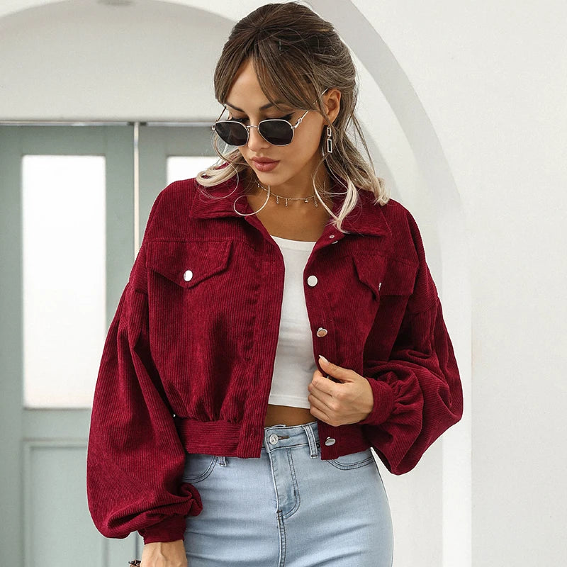 Veste courte en velours côtelé femme, manches lanterne et simple boutonnage