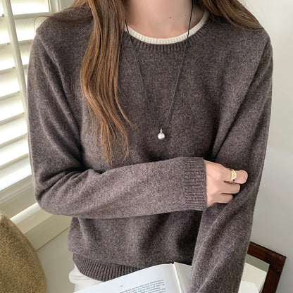 Pull en laine femme col rond, motif patchwork bicolore