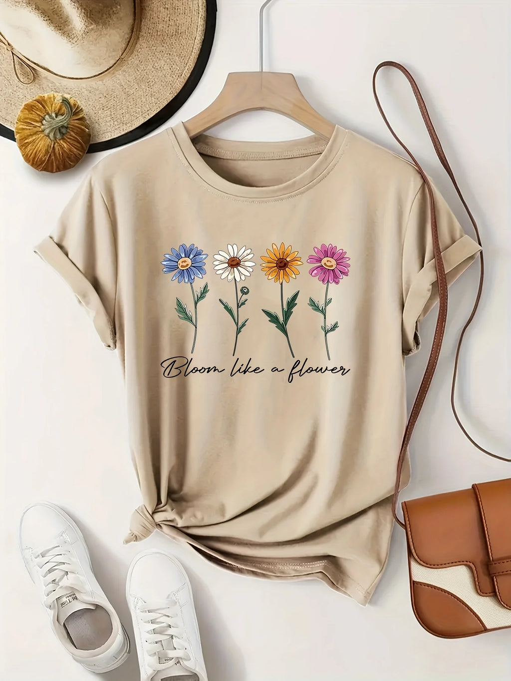 T-shirt femme kaki à col rond, imprimé fleurs rétro avec inscription « Bloom like a flower »
