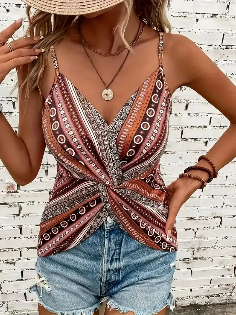 Camisole imprimée marron, bretelles, nœud devant, décolleté en V, motifs ovales.