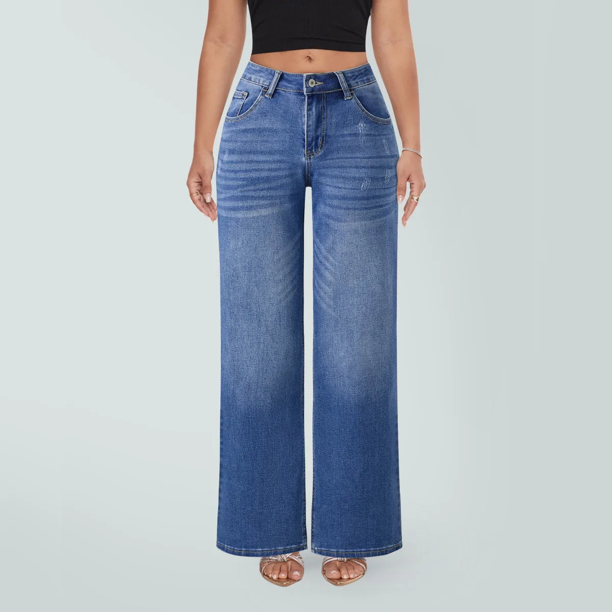 Jean taille haute à jambe large pour femme, en denim extensible, effet push-up et coupe sculptante, pour usage quotidien décontracté, tailles XS-2XL, livraison directe