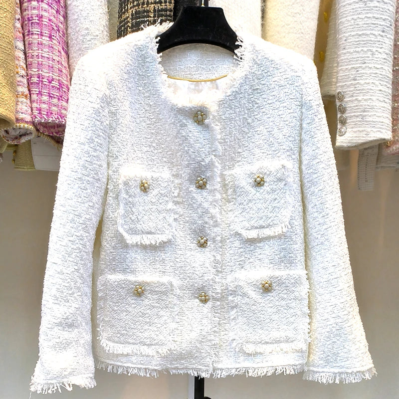 Veste femme façon tweed, simple boutonnage et poches