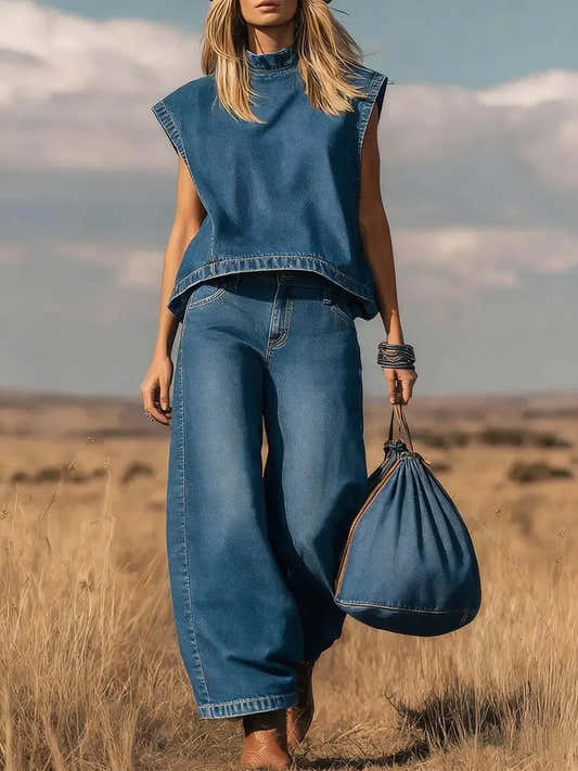 Pantalon et haut femme chic en jean bleu