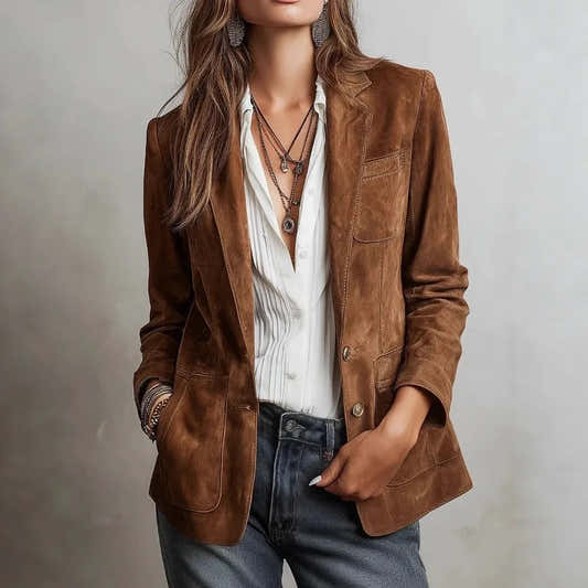 Veste en daim vintage pour femme, à revers, boutonnée, vêtement d'extérieur décontracté pour l'automne et l'hiver