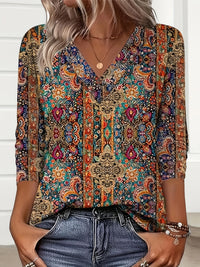 T-Shirt Manches Longues Femme Imprimé Paisley Col V – Style Boho Ethnique