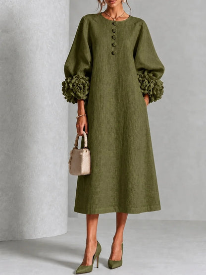 Robe midi élégante en lin pour femmes, col rond, manches lanternes à fleurs 3D, boutonnée, coupe ample et droite, robe longue modeste pour les occasions décontractées et les soirées.