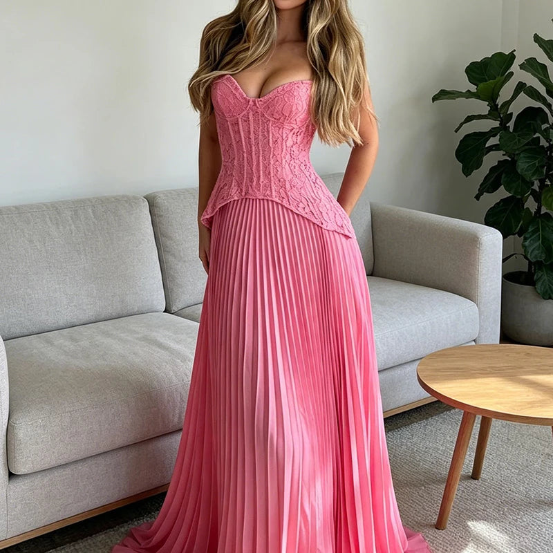 Robe longue femme plissée en dentelle