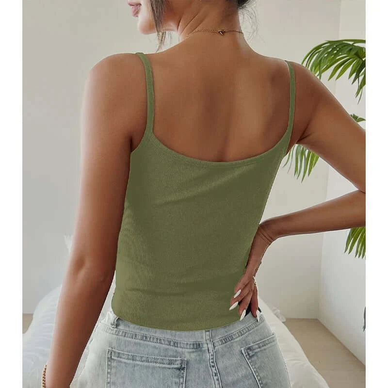 Débardeur corset femme vert olive côtelé, bretelles fines, dos uni