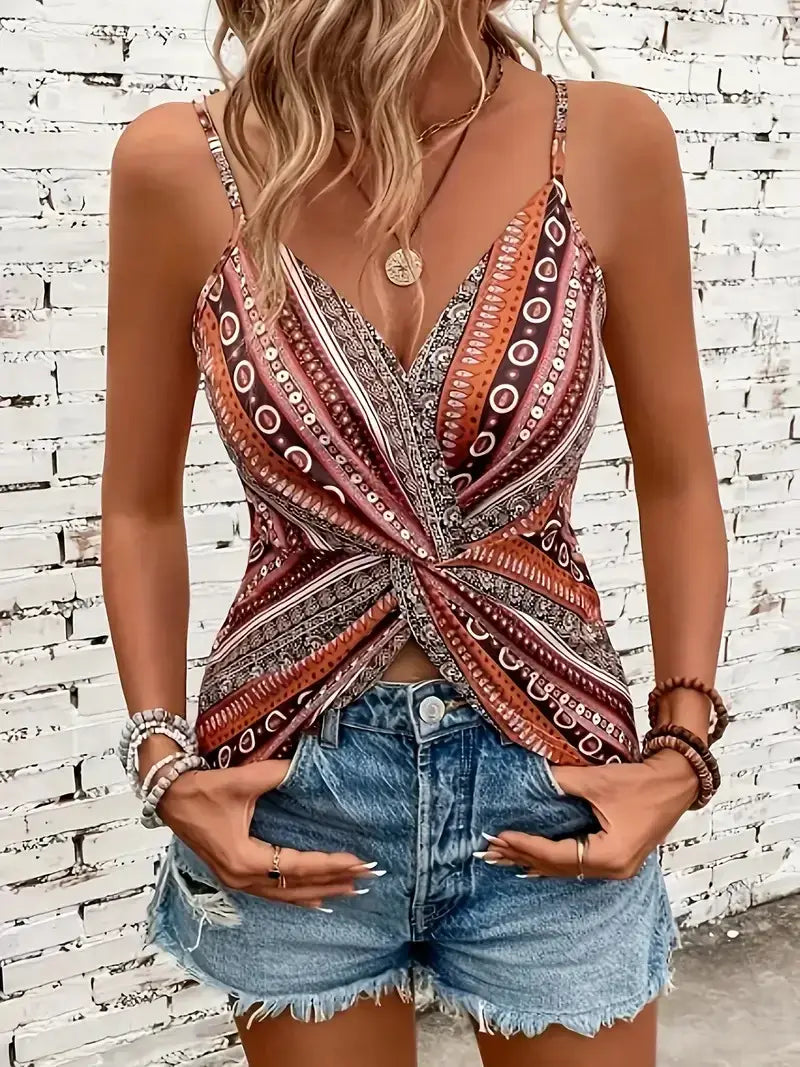 Camisole imprimée bretelles, nœud devant, décolleté en V, motif rosé et marron.