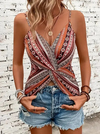 Camisole imprimée bretelles, nœud devant, décolleté en V, motif rosé et marron.