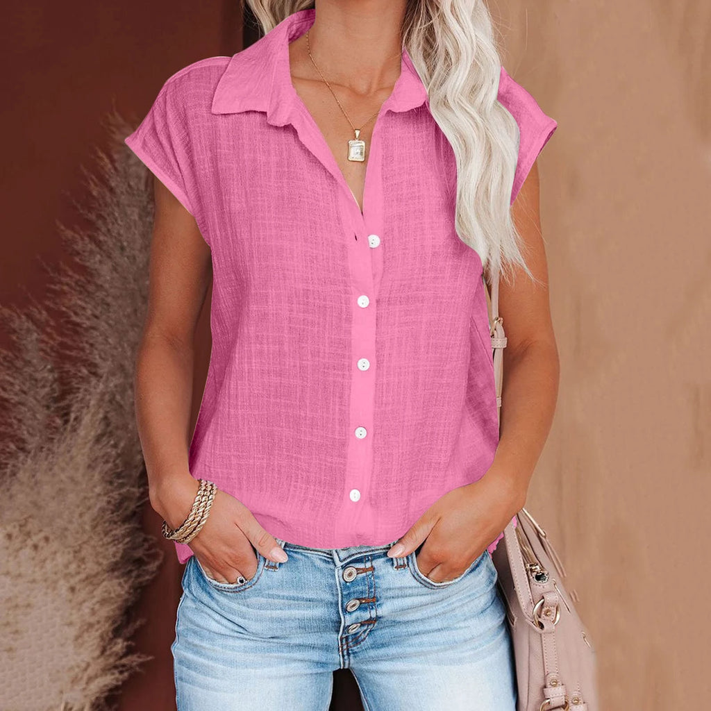 Chemisier ample manches courtes en coton lin rose, encolure boutonnée, coupe décontractée