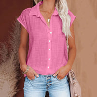 Chemisier ample manches courtes en coton lin rose, encolure boutonnée, coupe décontractée