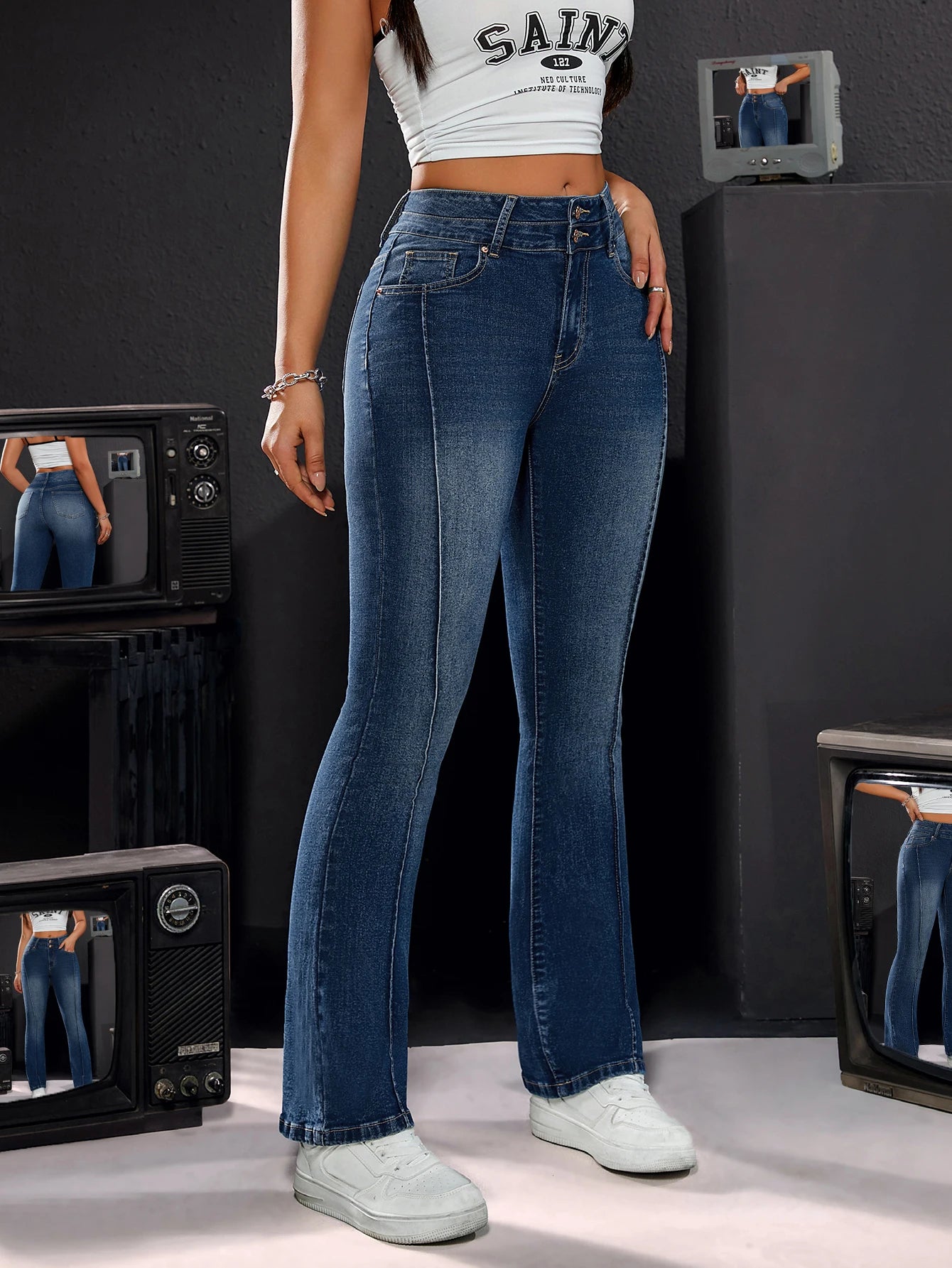 Pantalon en jean stretch taille haute pour femme, détails à double bouton, coupe confortable, jambe droite