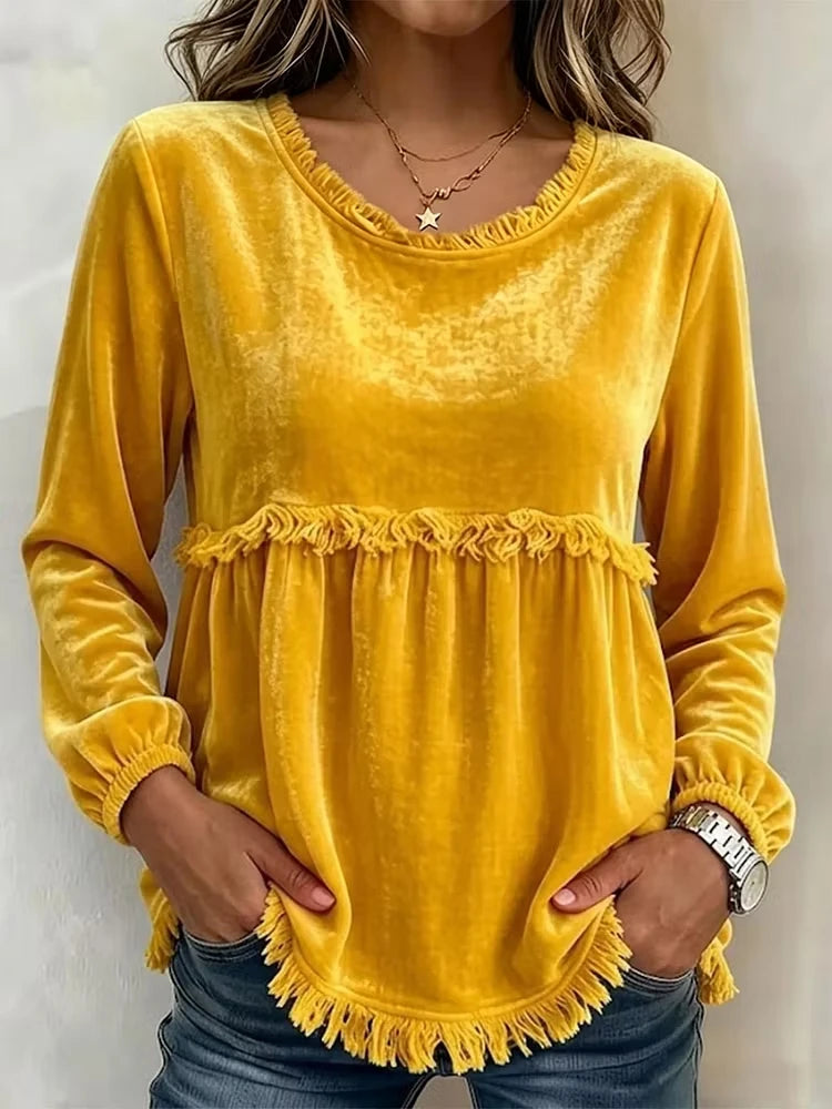 Vintage Women Velvet Casual Top O Neck Tassel Trim Long Sleeve Loose Blouse Bohemian Autumn Daily Wear Shirts for Female