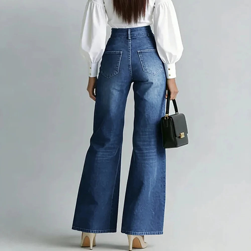Jean taille haute bleu à zips dorés