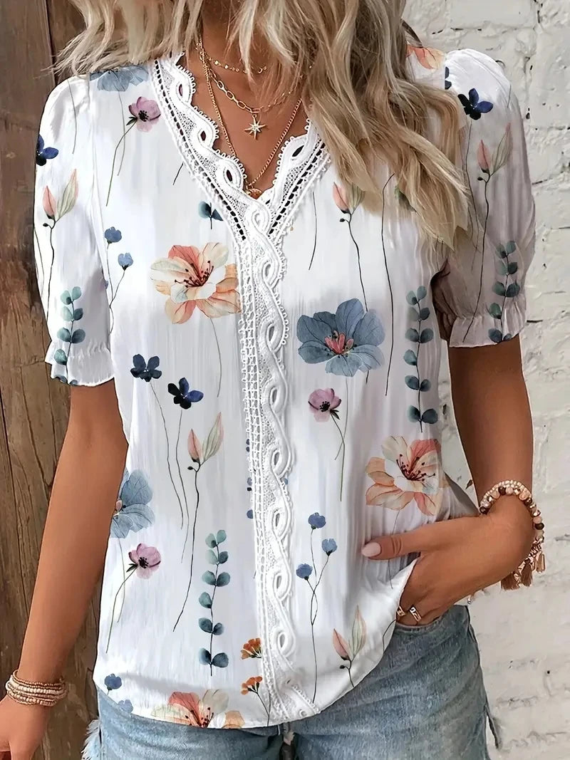 Chemise Fleurie Femme Col V Dentelle Ajouré – Haut Boho Chic Été