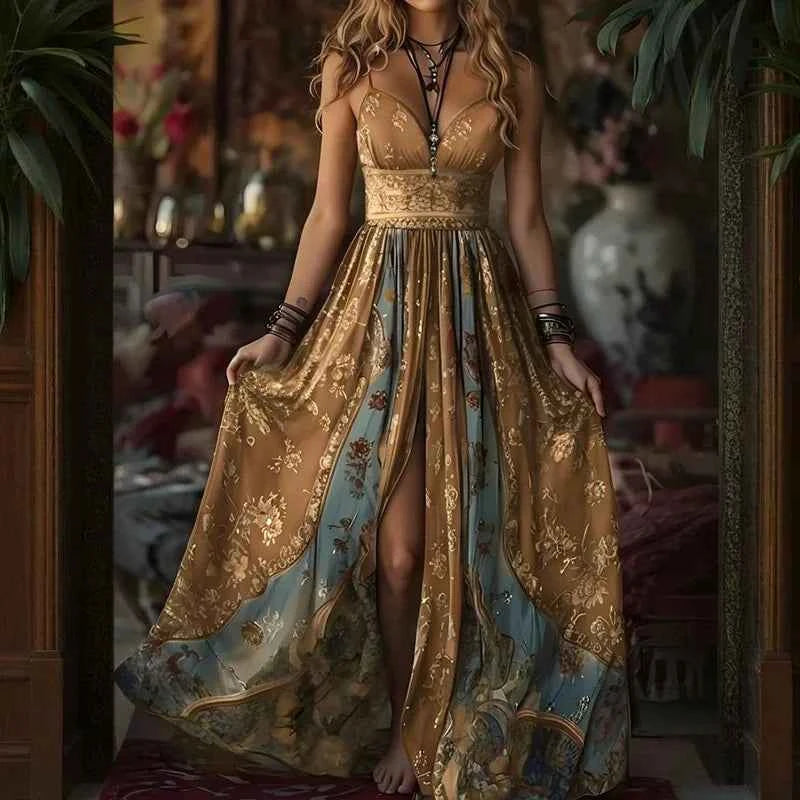 Robe maxi florale dorée et bleue, décolleté en V, fente sur la jambe