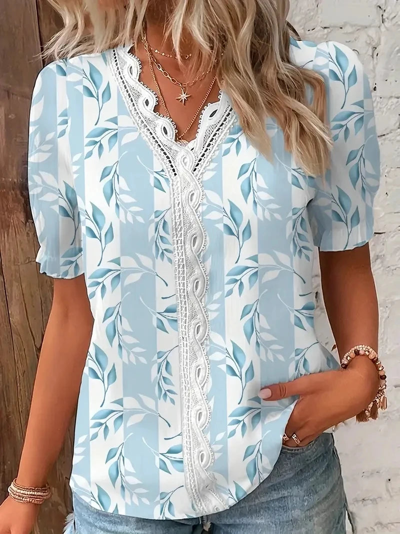 Chemise Fleurie Femme Col V Dentelle Ajouré – Haut Boho Chic Été