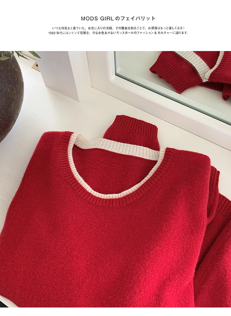 Pull en laine femme col rond, motif patchwork bicolore