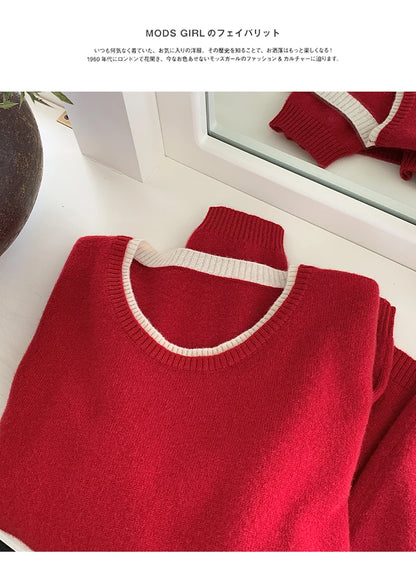 Pull en laine femme col rond, motif patchwork bicolore