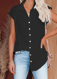 Chemisier ample femme en coton lin, manches courtes, noir, col chemise boutonné.