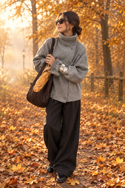 Manteau en laine femme, coupe ample, fermeture zippée et poches