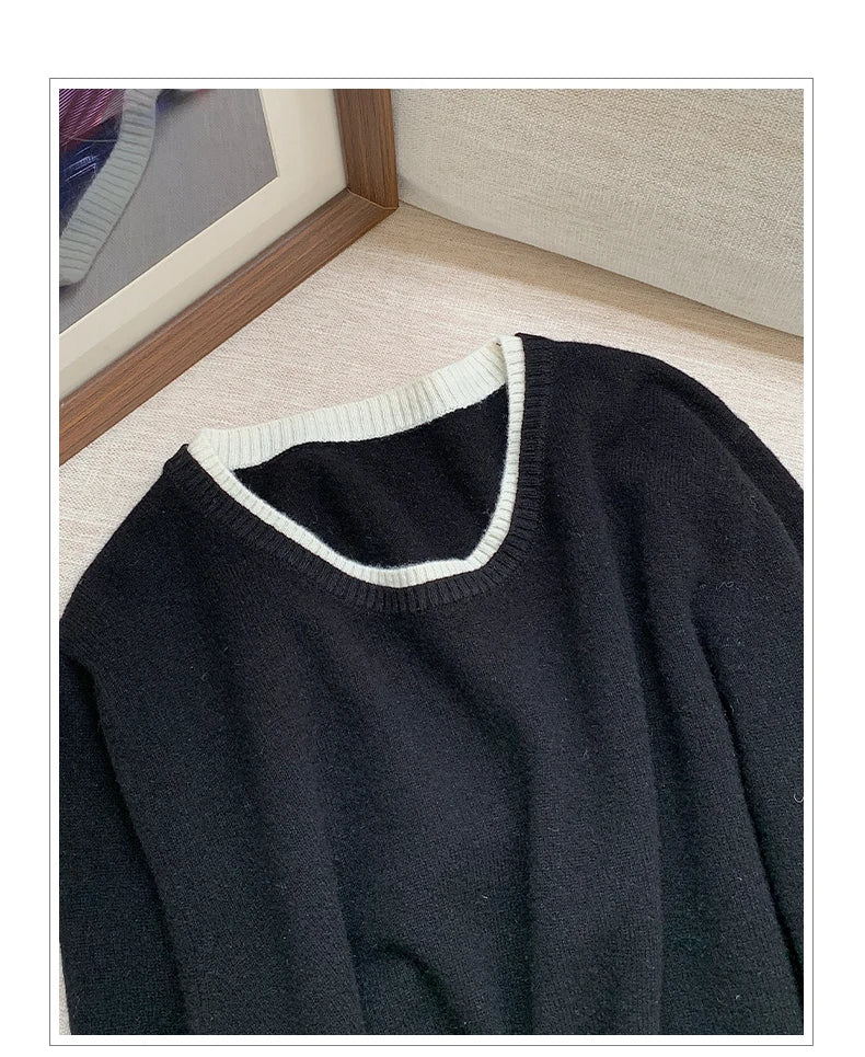 Pull en laine femme col rond, motif patchwork bicolore