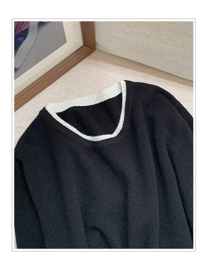 Pull en laine femme col rond, motif patchwork bicolore