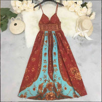 Robe maxi florale rouge et turquoise, bretelles fines, fente