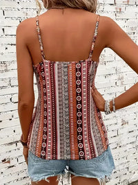 Camisole imprimée au dos, bretelles croisées, motif marron et blanc.