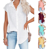 Chemisier ample manches courtes en coton lin blanc, encolure boutonnée, coupe ample
