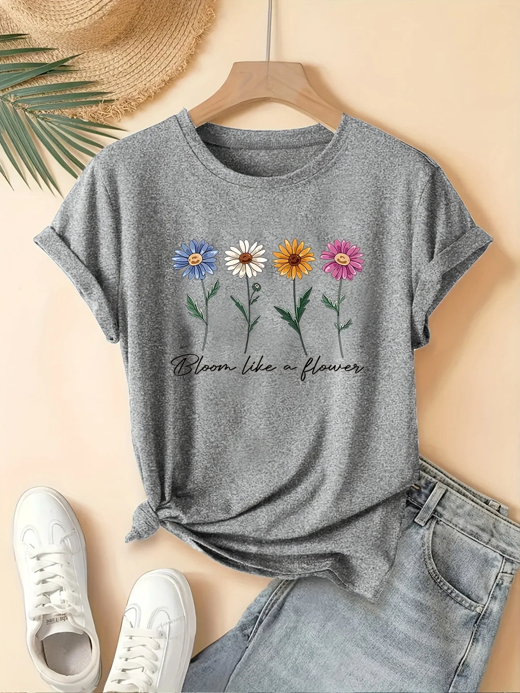 T-shirt femme gris chiné à col rond, imprimé bouquet de fleurs rétro « Bloom like a flower »