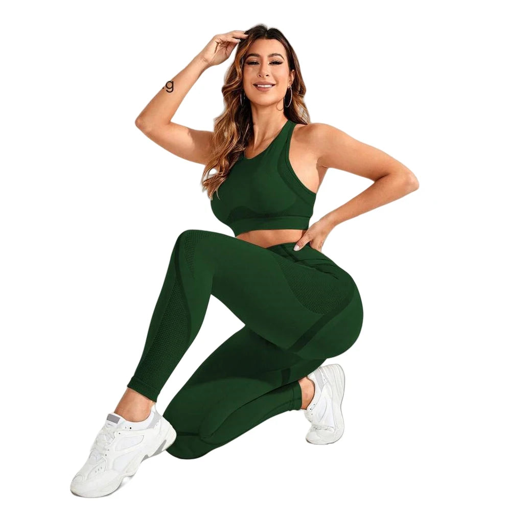 Ensemble 2 pièces, tenue de yoga pour femme, combinaison pantalon taille haute à dos élégant, vêtements de sport super élastiques sans couture, idéal pour la gym