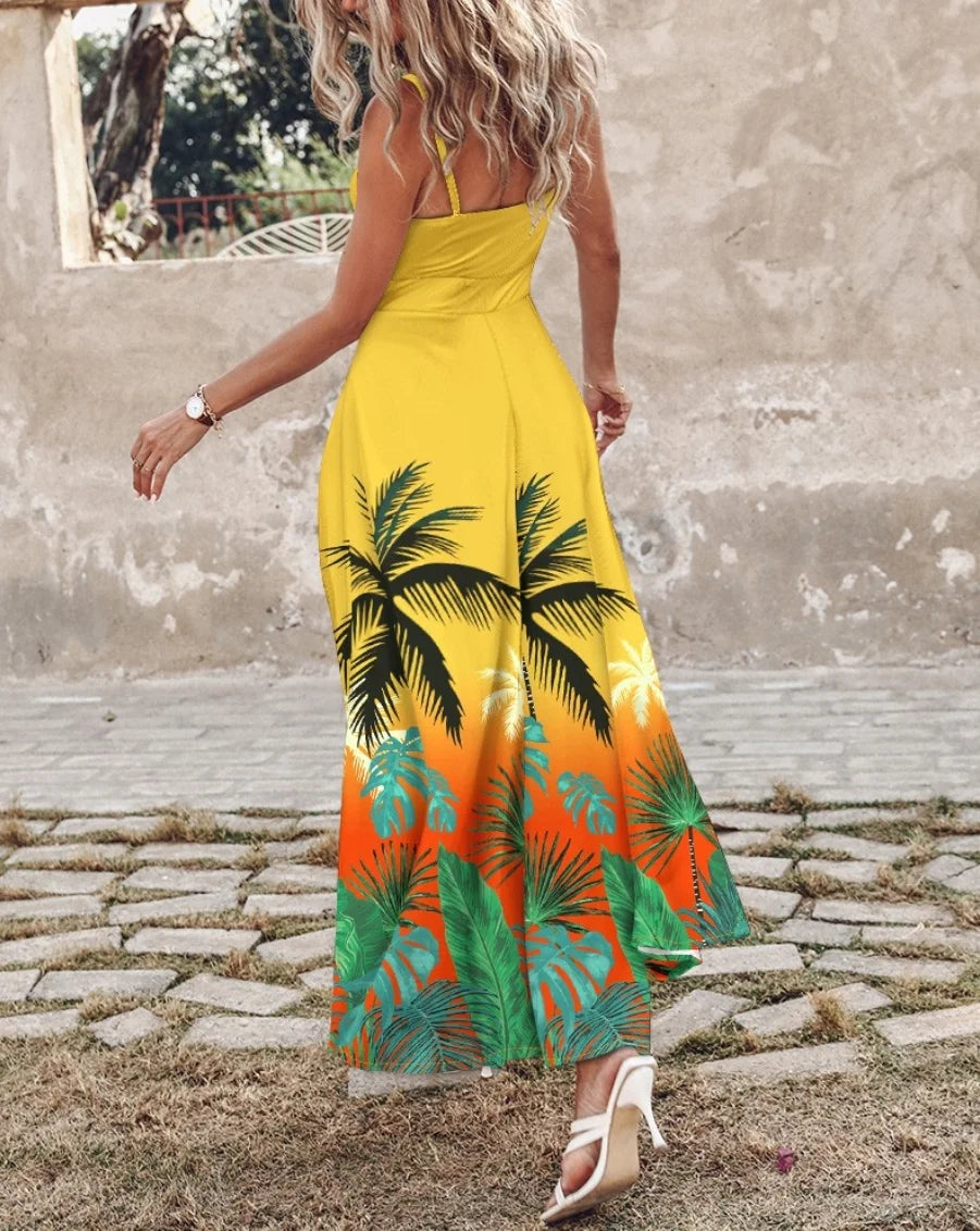 Robe longue à bretelles à œillets pour femmes, élégante, hawaïenne, vacances, sans manches, été