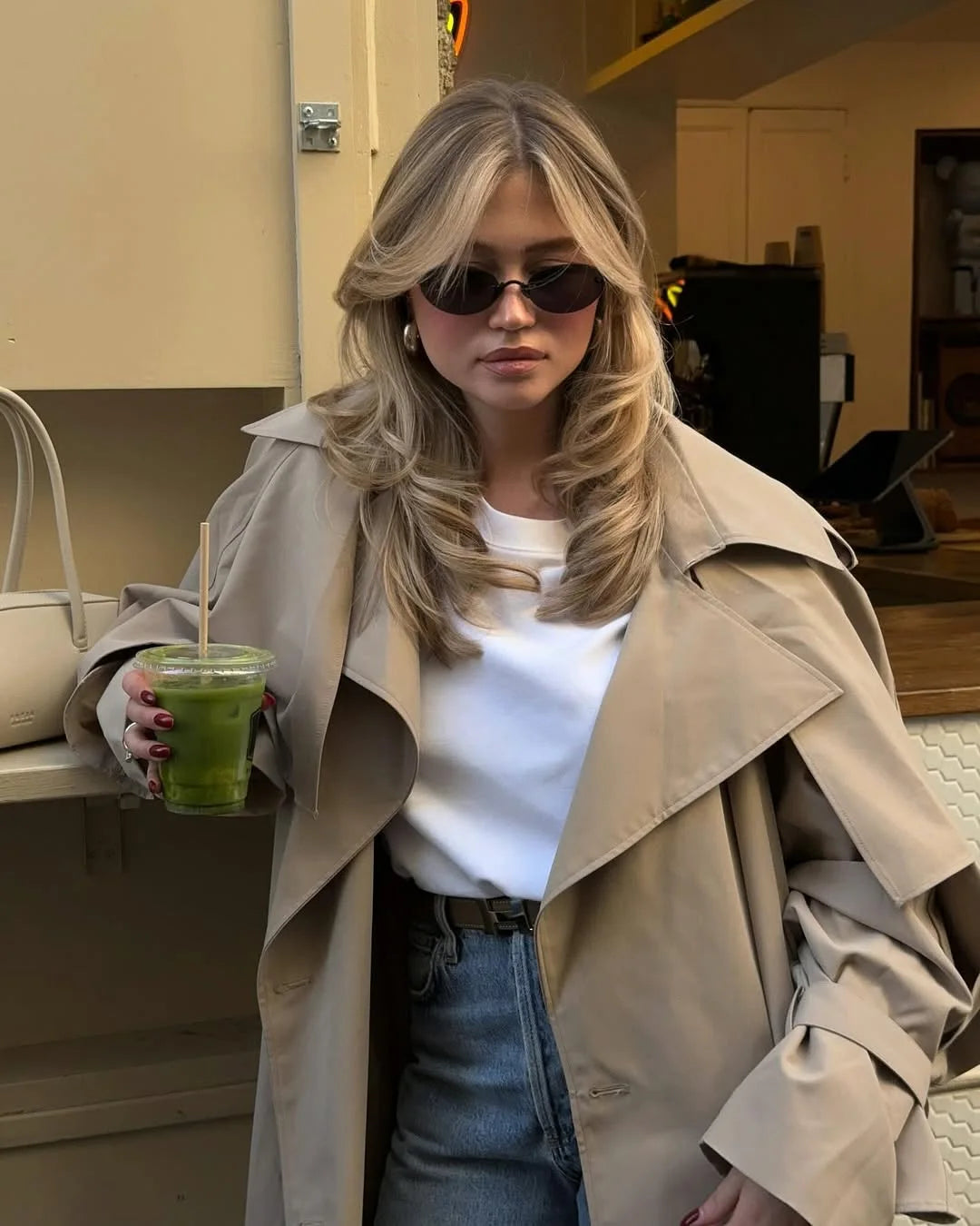 Trench long femme à simple boutonnage, coupe ample et taille haute