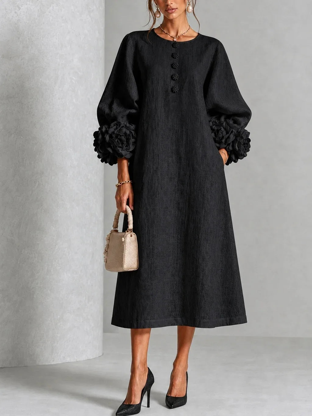 Robe midi élégante en lin pour femmes, col rond, manches lanternes à fleurs 3D, boutonnée, coupe ample et droite, robe longue modeste pour les occasions décontractées et les soirées.