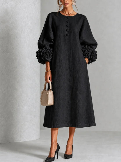 Robe midi élégante en lin pour femmes, col rond, manches lanternes à fleurs 3D, boutonnée, coupe ample et droite, robe longue modeste pour les occasions décontractées et les soirées.