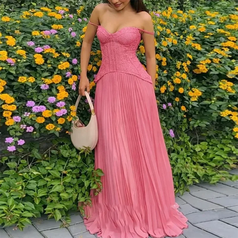 Robe longue femme plissée en dentelle