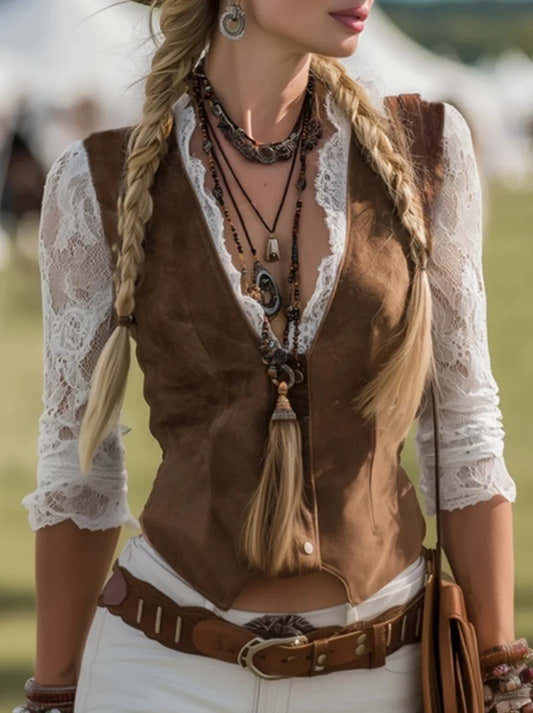 Chemisier femme style western en dentelle marron
