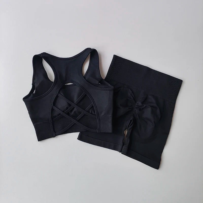 Ensemble de Yoga sans couture pour femmes, 2 pièces, soutien-gorge de Sport Sexy, taille haute, short de Sport, Fitness, sans manches, costume d'entraînement, vêtements de Sport